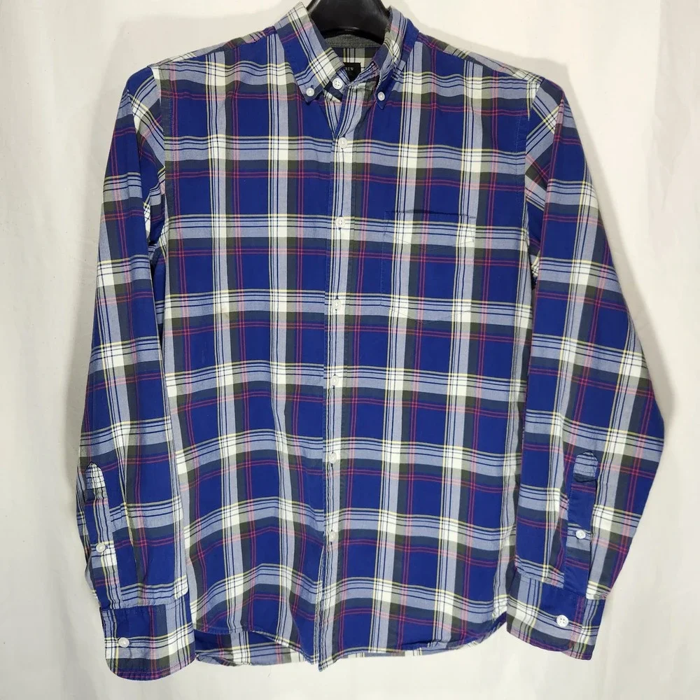 J. Crew Men's Button‎ Down Shirt Plaid Size M Collar Long Sleeve Blue Red Tartan - Picture 2 of 6